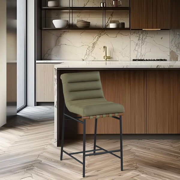 Olive Vegan Leather Channel-Tufted Counter Stool
