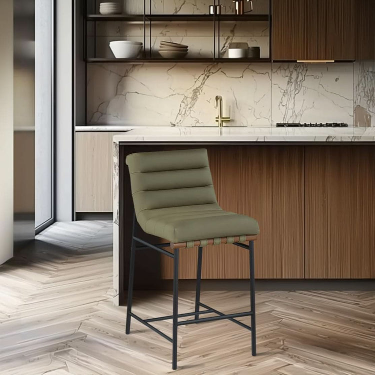 Olive Vegan Leather Channel-Tufted Counter Stool