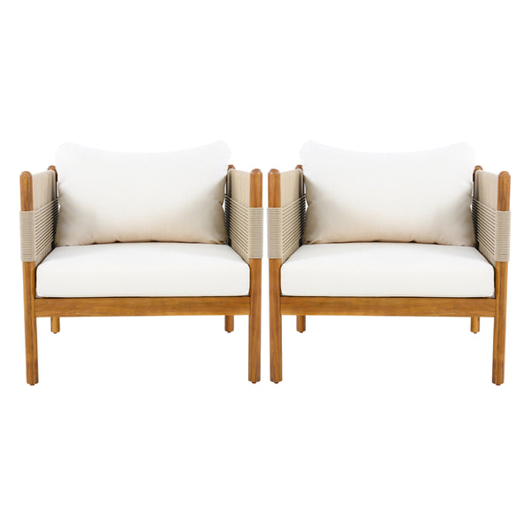 Close-up of acacia wood grain and teak-finish detail — Rope-Wrapped Acacia Outdoor Club Chairs