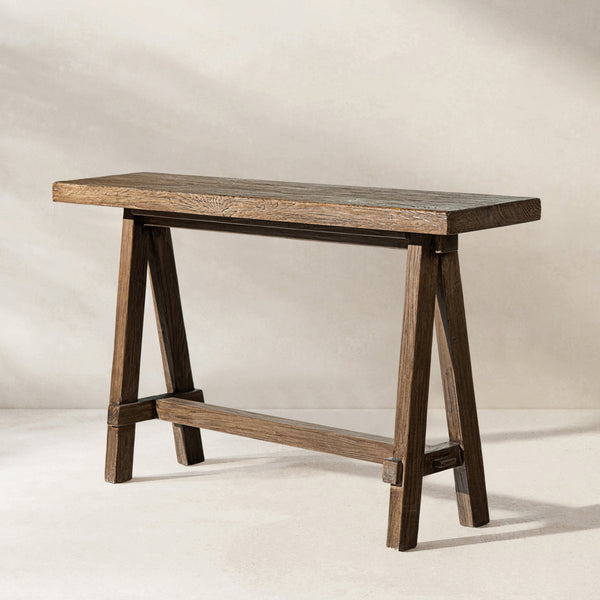 Close-up of concrete texture and surface finish detail — Reclaimed Elm Trestle Console Table