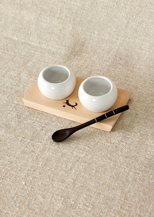 Ceramic Dipping Bowl Wood Tray Set