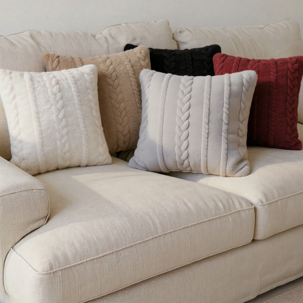 Cable-Braid Brushed Throw Pillow color options styled together on coordinated seating