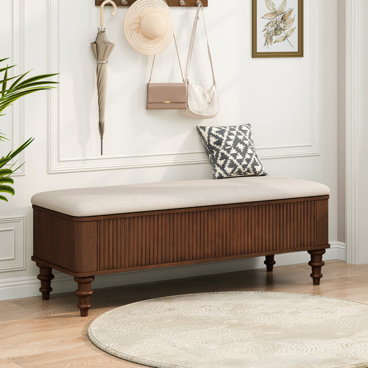 Fluted Rubberwood Storage Ottoman Bench
