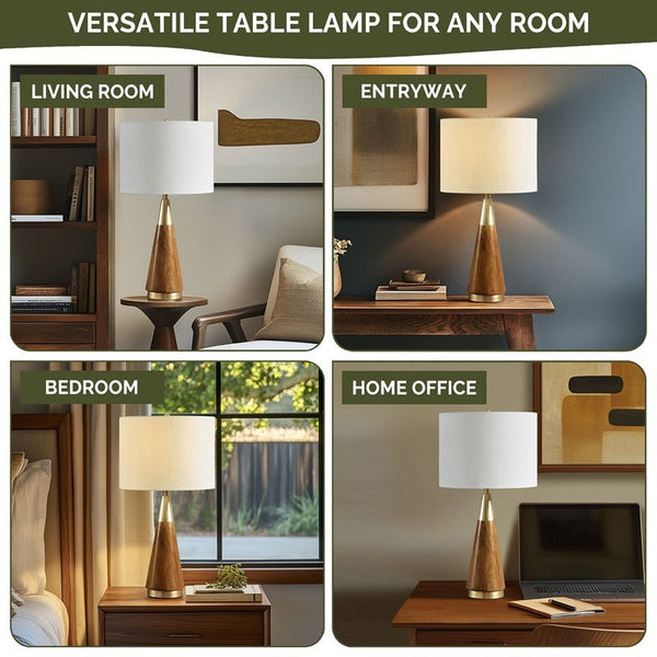 Cone Base Brass and Wood Table Lamp