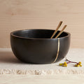 Dark Wood Brass-Inlay Serving Bowl