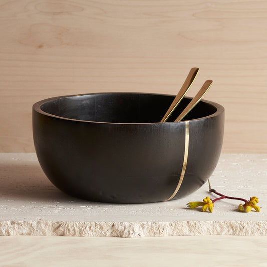 Dark Wood Brass-Inlay Serving Bowl