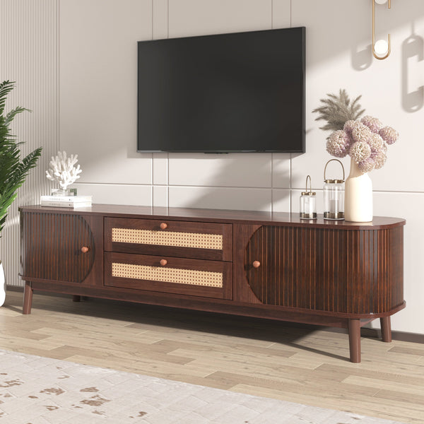 Close-up of rattan weave and frame construction detail — Rattan-Front Fluted Wood TV Stand