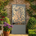Leaf Cutout Metal Outdoor Water Fountain — Gray metal leaf cutwork fountain with four spouts and LED lighting