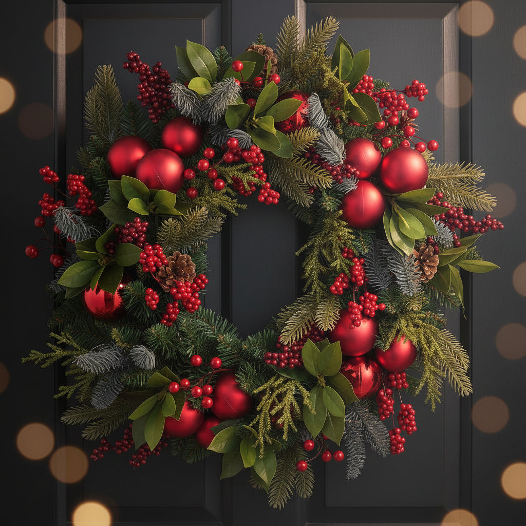 Red Ornament, Berry & Pinecone Wreath, 24 in