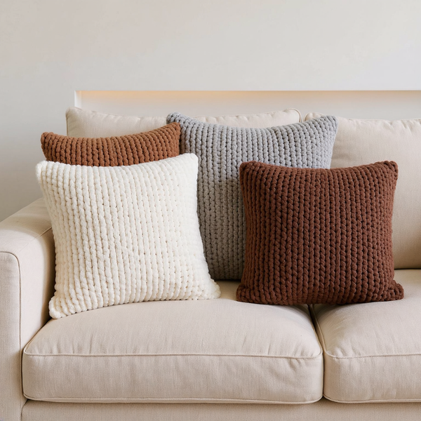 Color options for Chunky Knit Texture Throw Pillow grouped on coordinated upholstered seating