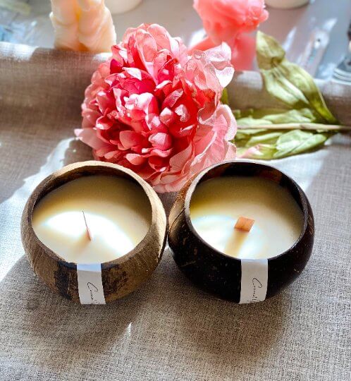 Hand-Poured Coconut Shell Candle — Coconut shell candle with wooden wick, slow-burning coconut wax, four scent options