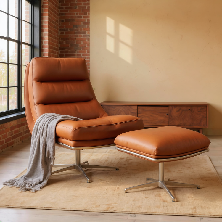 Cognac Faux Leather Swivel Chair Set styled in a warm editorial loft