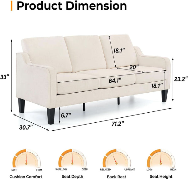 Beige 71-Inch Mid-Century 3-Seat Sofa
