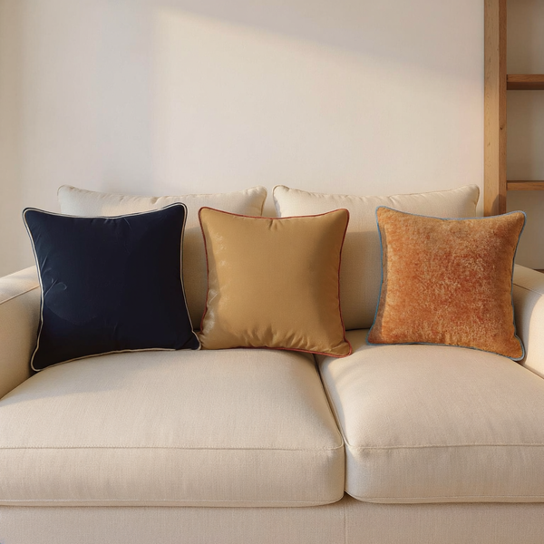 Color options for Contrast-Piped Sheen Fabric Throw Pillow grouped on coordinated upholstered seating