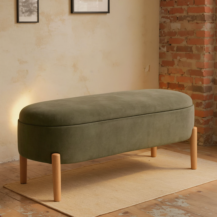 Wide-Wale Corduroy Storage Bench styled in a warm editorial loft