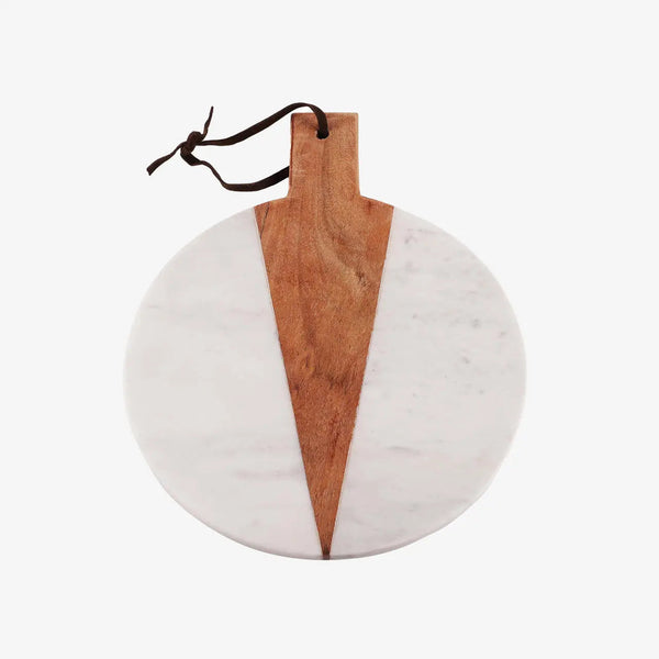 Marble and Wood Round Serving Platter in a styled home setting
