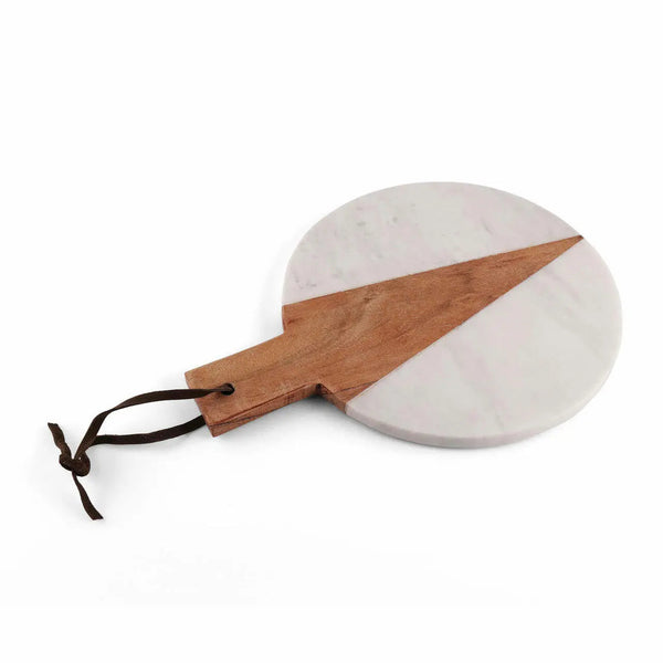 Close-up of marble veining and polished surface detail — Marble and Wood Round Serving Platter
