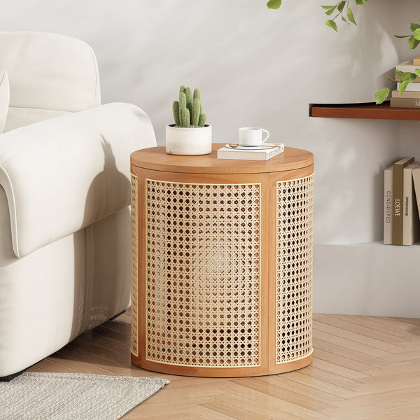 Cane Panel Round Wood Side Table styled with ceramics and a linen runner