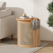 Cane Panel Round Wood Side Table — Drum-form side table with rubberwood top and open cane panel sides