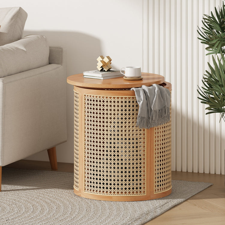 Cane Panel Round Wood Side Table — Drum-form side table with rubberwood top and open cane panel sides
