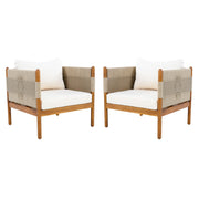Rope-Wrapped Acacia Outdoor Club Chairs — Acacia and rope outdoor club chairs with cushions, sold as a set of two