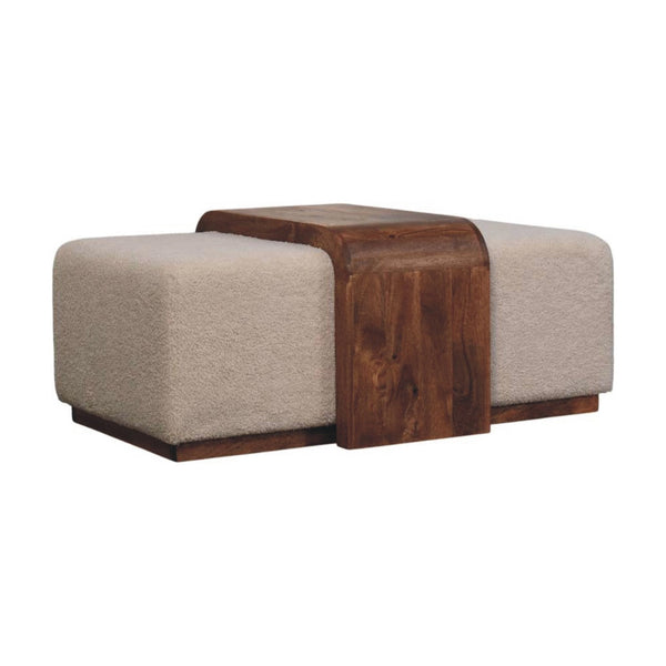 Boucle Upholstered Bench Duo with Wood Table