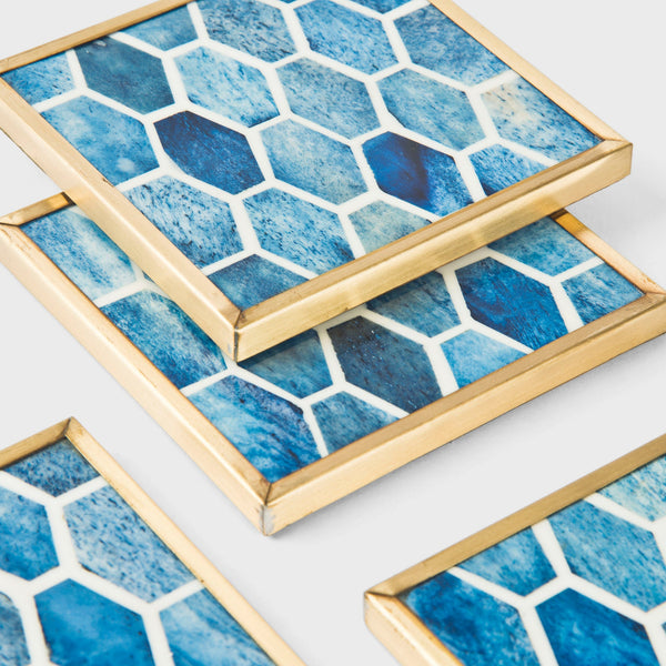 Bone Inlay Hexagon Brass Coaster Set