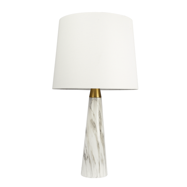 Marble-Finish Brass Accent Table Lamp — Marble-finish tapered base with brass collar and soft fabric shade