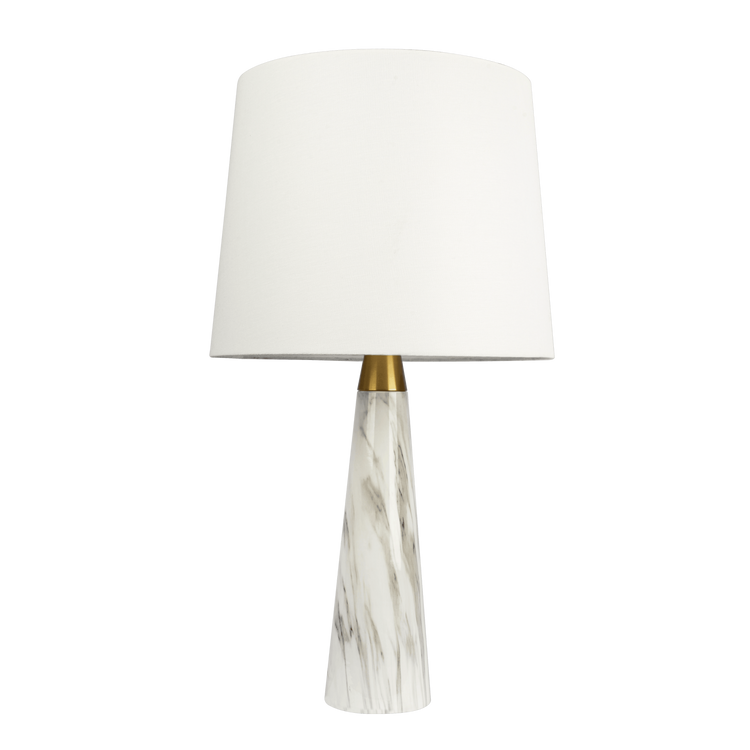 Marble-Finish Brass Accent Table Lamp — Marble-finish tapered base with brass collar and soft fabric shade