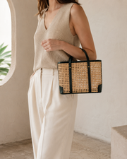Leather and Rattan Cane Tote Bag