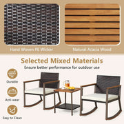 Three Piece Rocking Bistro Set With Cushions And Coffee Table For Outdoor Rattan Patio Off White