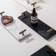 Marble Tray with Brass Handles — Natural marble tray with brass-tone handles in three stone colorways