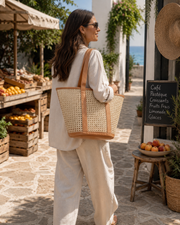 Leather Trim Cane Weave Carryall Bag