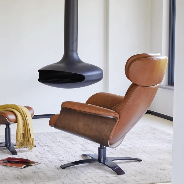 Saddle Leather Reclining Swivel Chair with Ottoman