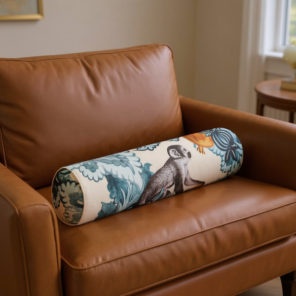 Printed Slub Cotton Bolster Pillow styled on coordinated seating