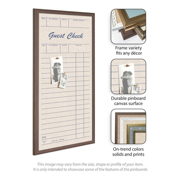 Guest Check Linen Fabric Pinboard hung above a writing desk with mementos pinned