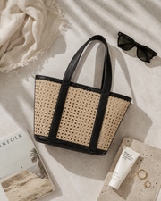 Leather Trim Cane Weave Carryall Bag