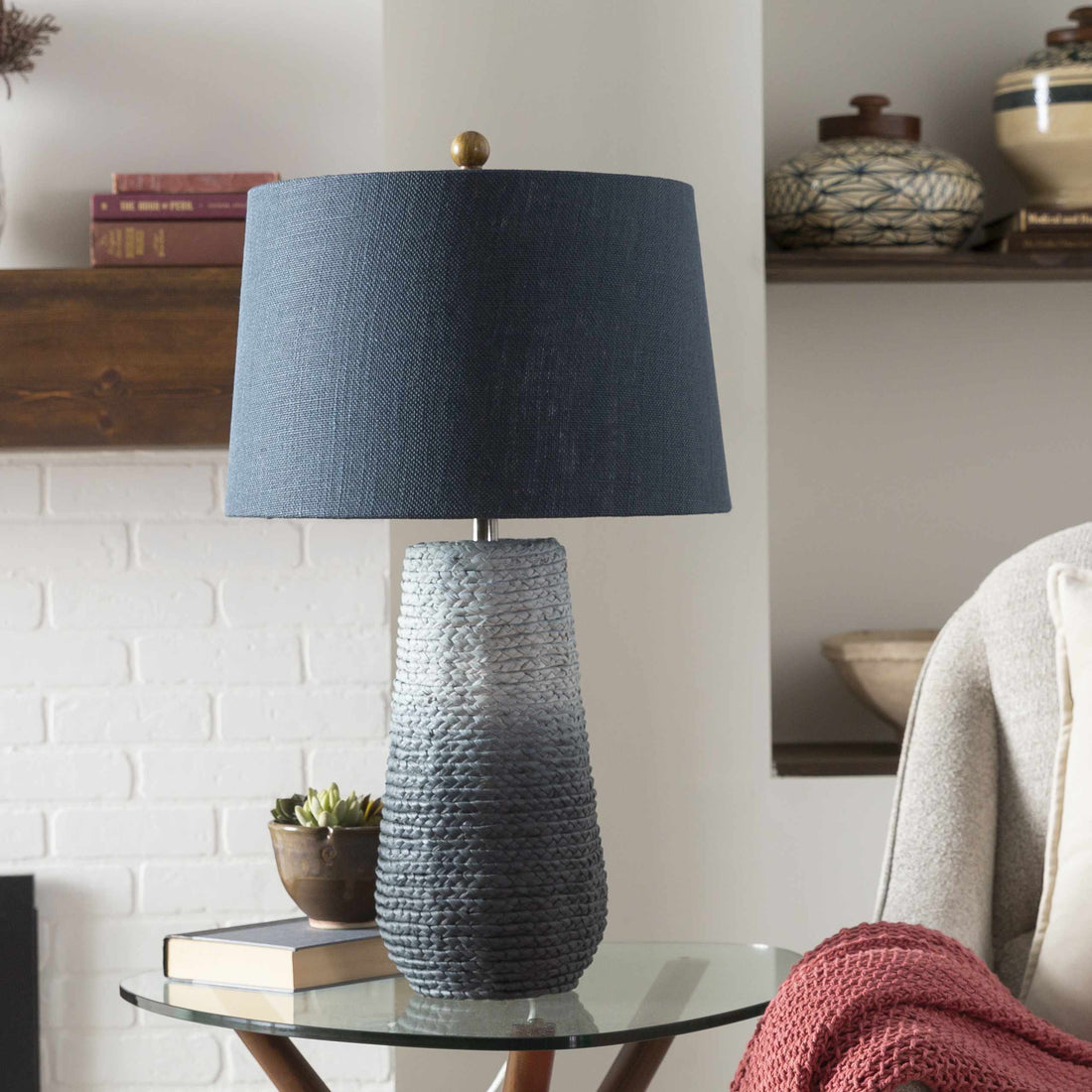 Ombre Braided Jute Table Lamp — Braided jute base in blue ombre with woven textile shade — 27 inches tall