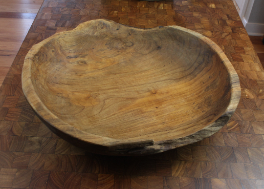 Live Edge Hand-Carved Teak Bowl — interior bowl detail showing depth and grain