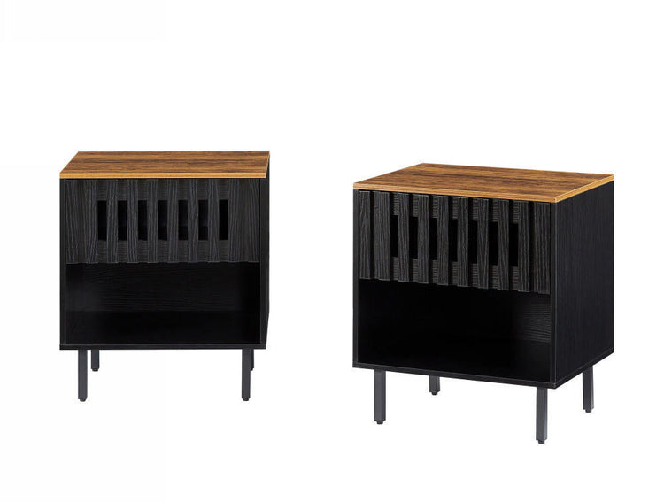 Grille-Door Mid-Century Nightstand Set styled beside a bed with a lamp and book