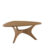 Triangle-Top Cross-Base Wood Coffee Table — detail of finish and surface variation