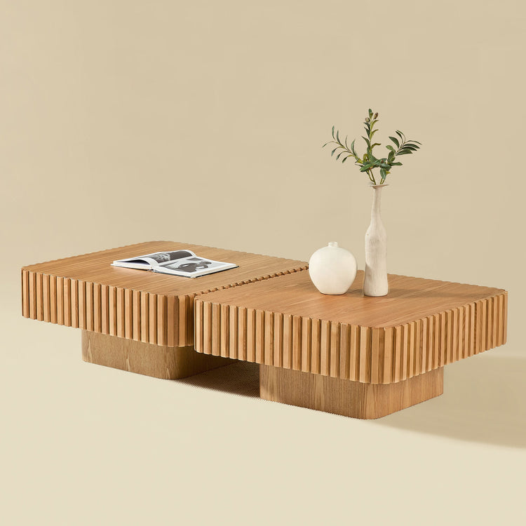 Reeded Wood-Grain Drum Coffee Table Set