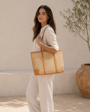 Leather and Rattan Cane Tote Bag
