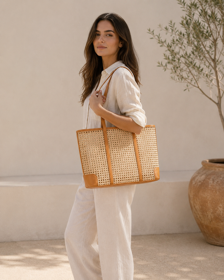 Leather and Rattan Cane Tote Bag