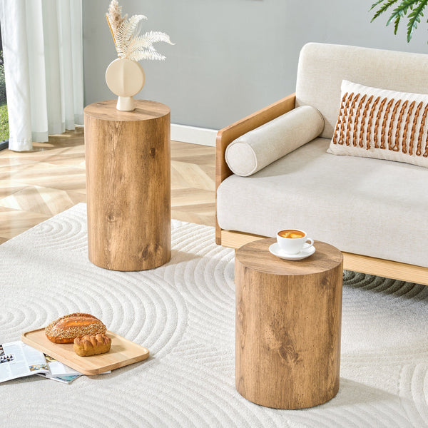 Wood-Grain Cylinder Side Table Set — Paired cylinder tables in warm wood-grain finish, two graduated heights