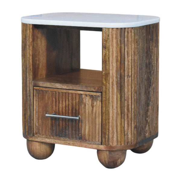 Fluted Mango Wood Marble-Top Nightstand