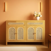 Arched Rattan-Weave Two-Piece Sideboard