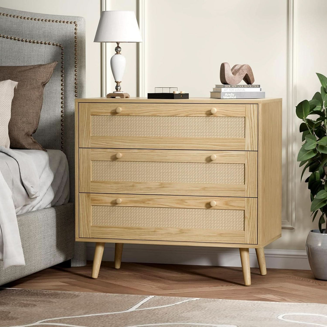 Rattan Finish 3-Drawer Dresser