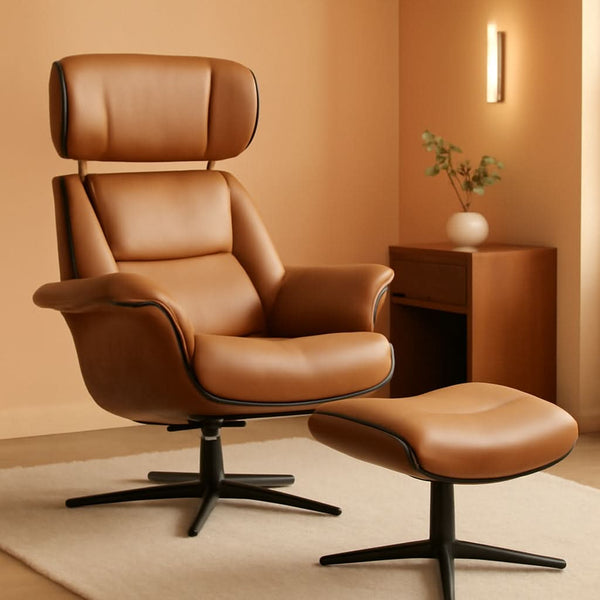 Saddle Leather Reclining Swivel Chair with Ottoman