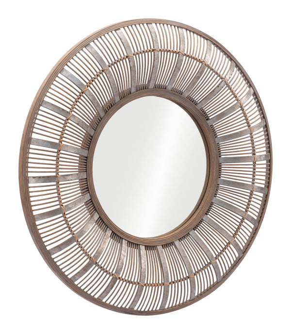 Antique Brown Rattan Weave Round Wall Mirror